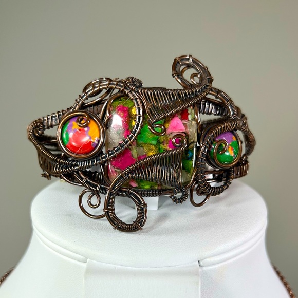 Jewelry - Oyster Turquoise & Mosaic Jasper Copper Gemstone Bangle ONLY